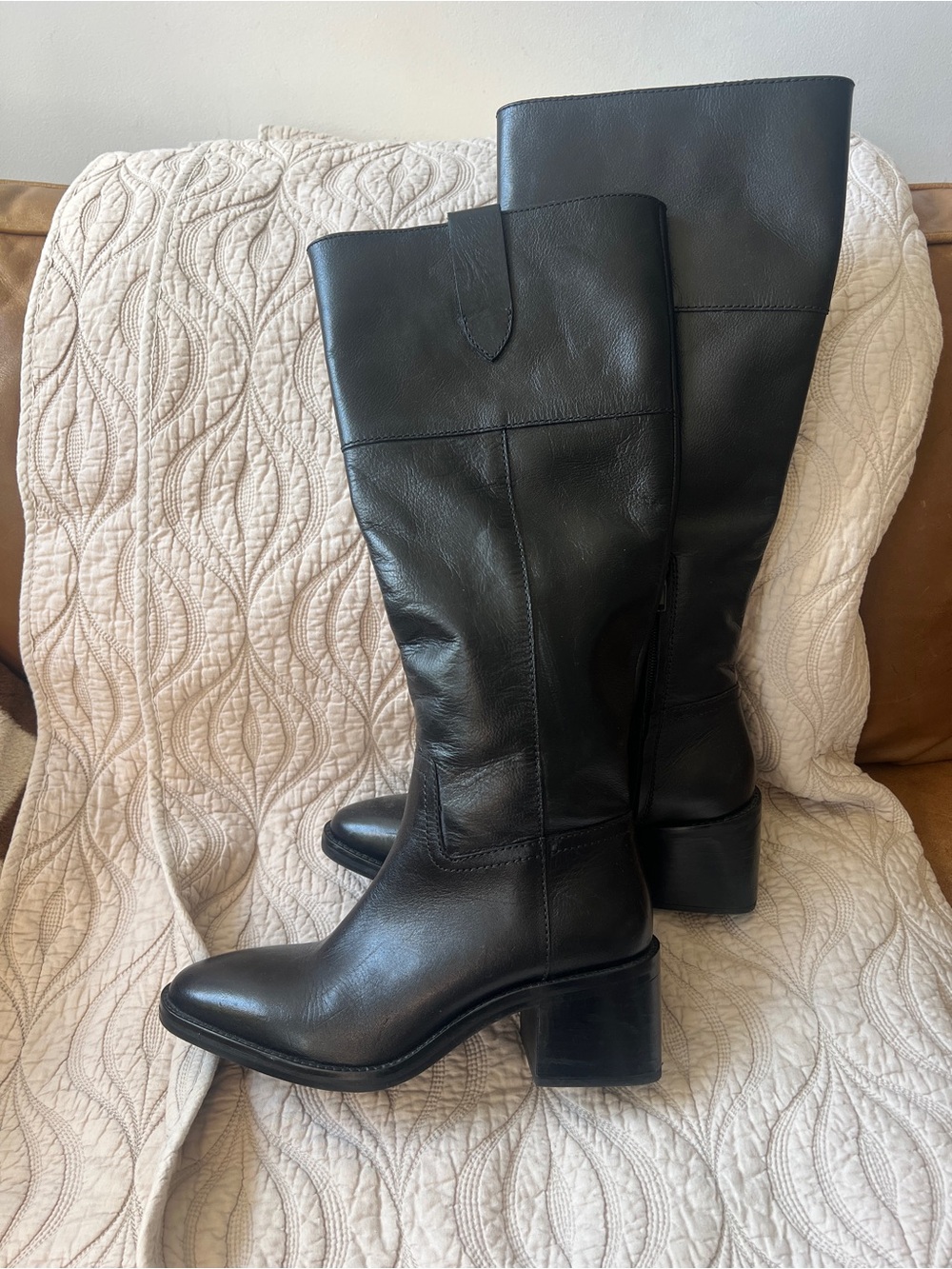 Zara Black Leather Knee-High Block Heel Boots